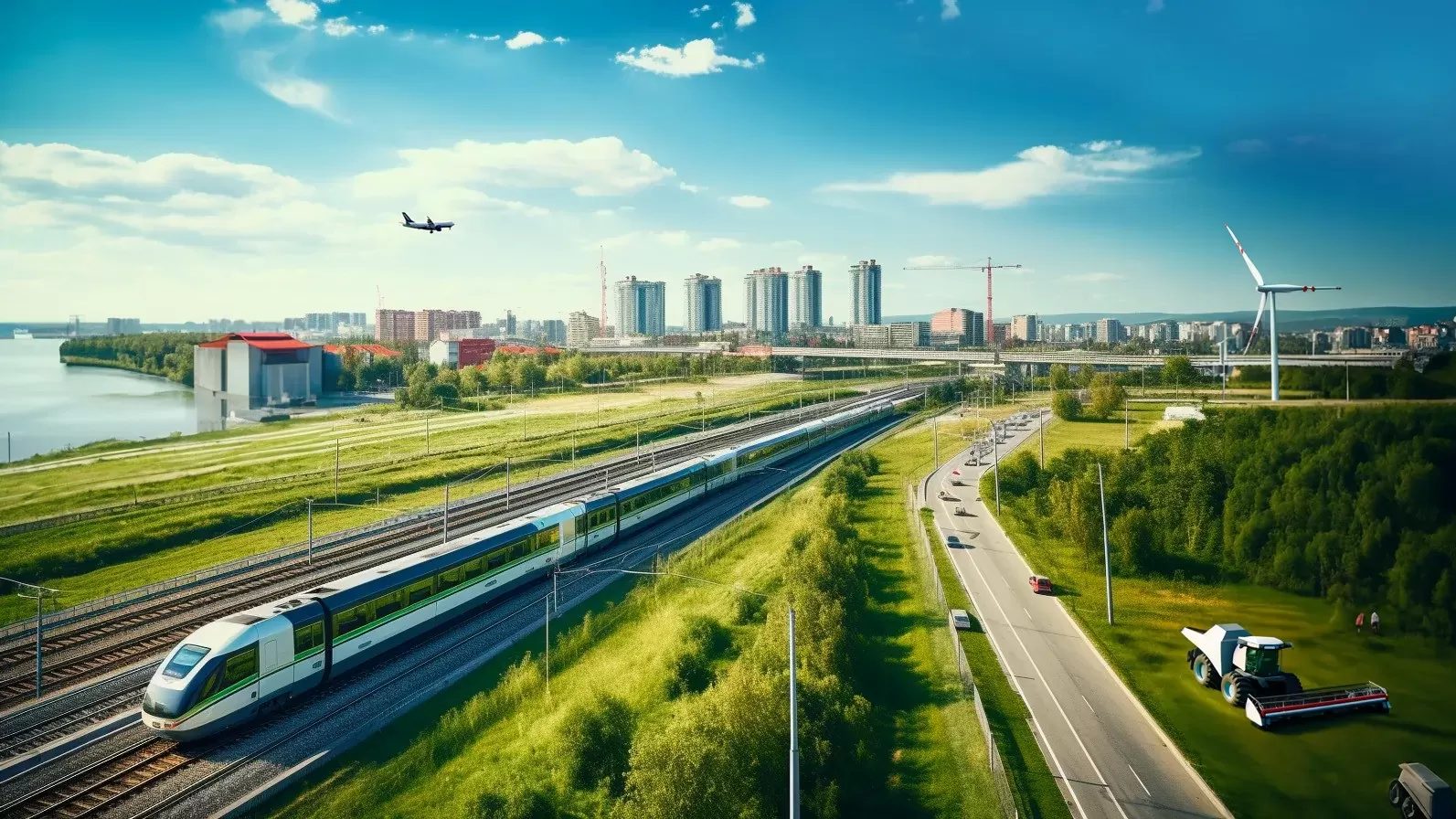 Moderne urbane landschaft zug flugzeug windkraft autobahn