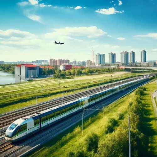 Moderne urbane landschaft zug flugzeug windkraft autobahn